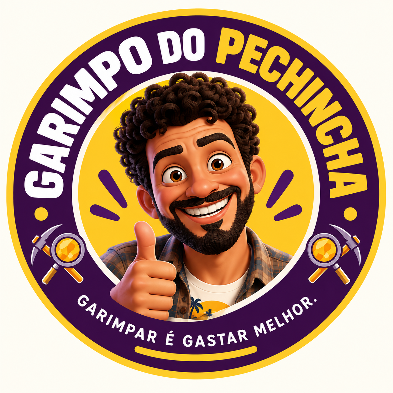 Avatar oficial do Garimpo do Pechincha: Pechincha sorrindo e fazendo sinal de positivo, com moldura roxa e amarela